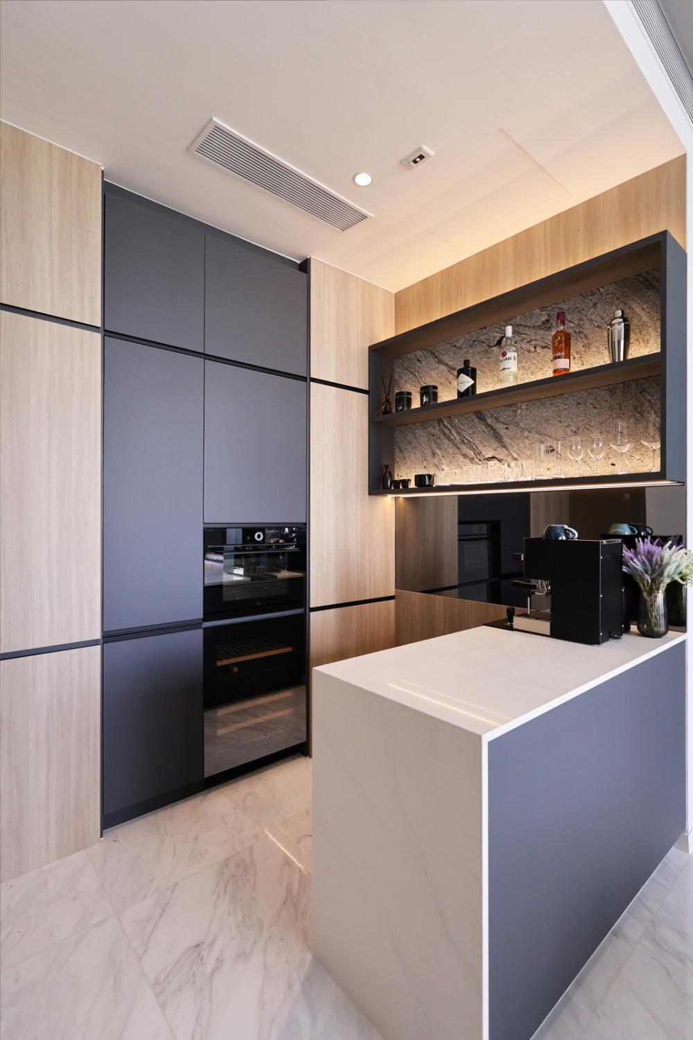 Contemporary Wine Cellar with Drinkware and Shelving Units