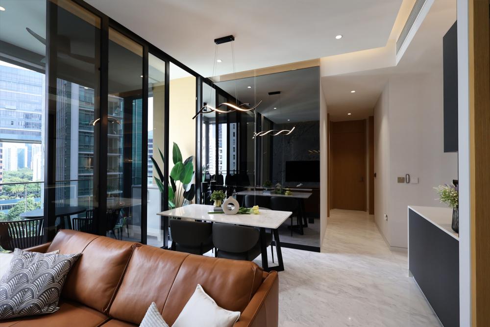 Contemporary Living Room with TV Console and Drop Ceiling