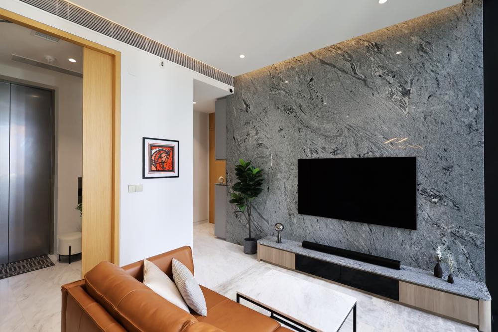 Contemporary Living Room with TV Console and Feature Wall