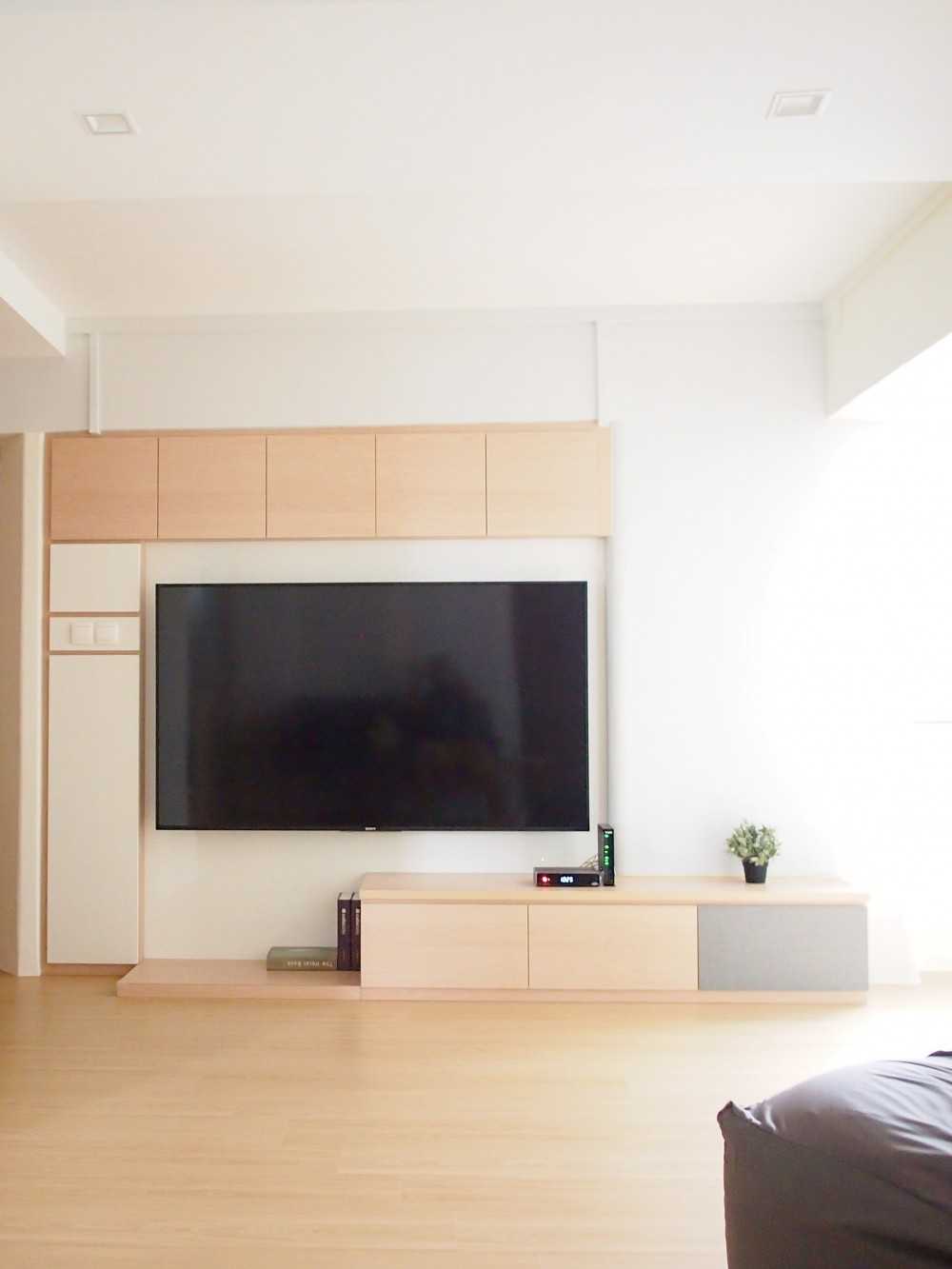 Scandinavian Living Room with TV Console and Feature Wall