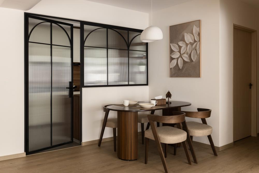 Scandinavian Dining Room with Vinyl Flooring and Glass Door