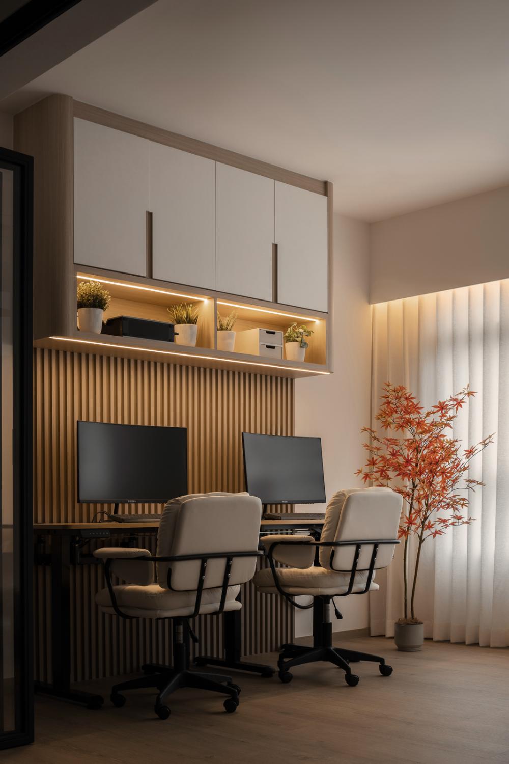 Scandinavian Home Office with Feature Wall and Storage Cabinets