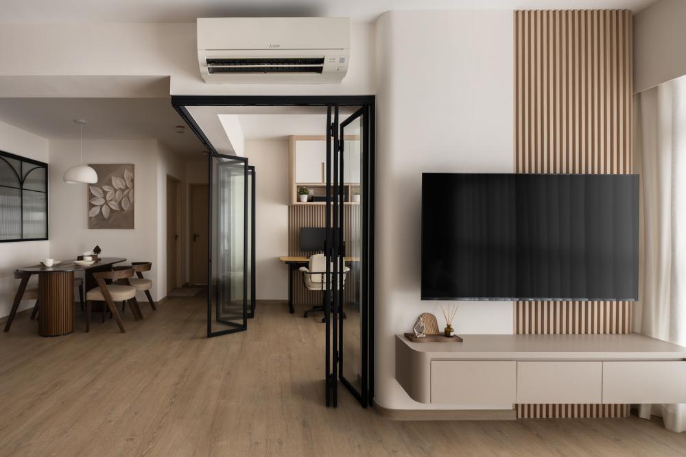 Scandinavian Living Room with Vinyl Flooring and TV Console