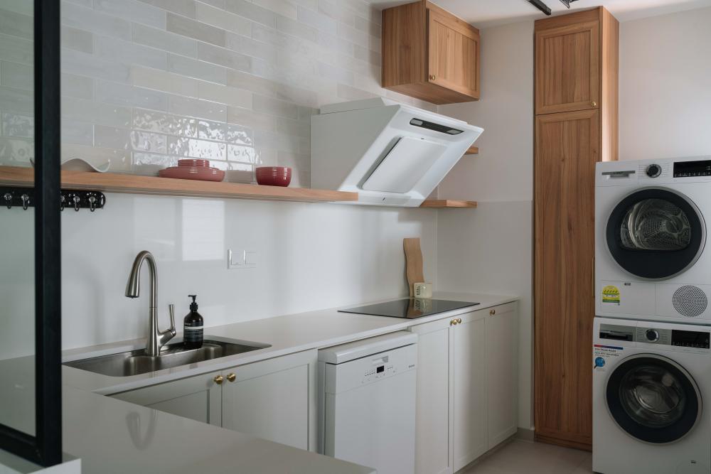 Scandinavian Kitchen with Washing Machine and Cupboard