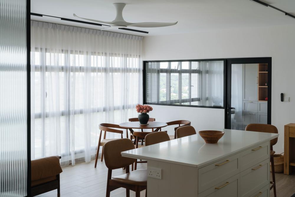 Scandinavian Living Room with Kitchen Island and Glass Door