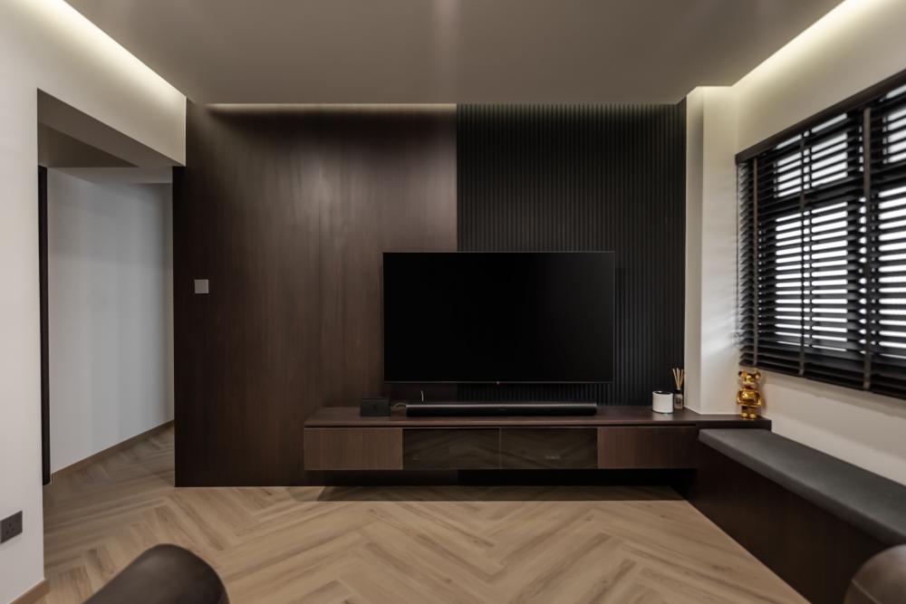 Contemporary Living Room with Herringbone Tiling and TV Console