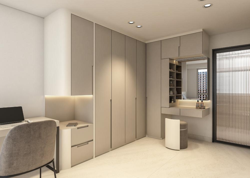 Modern Bedroom with Homogeneous Tiles and Wardrobe