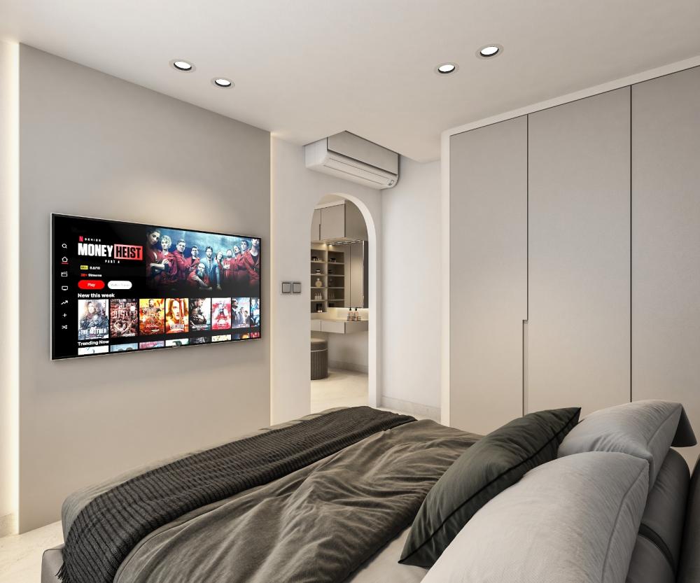 Modern Bedroom with Homogeneous Tiles and Marble Floor