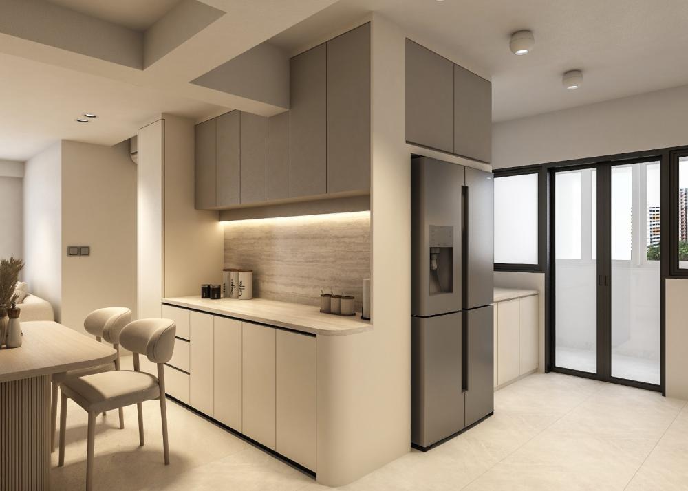 Modern Kitchen with Countertop and Marble Floor