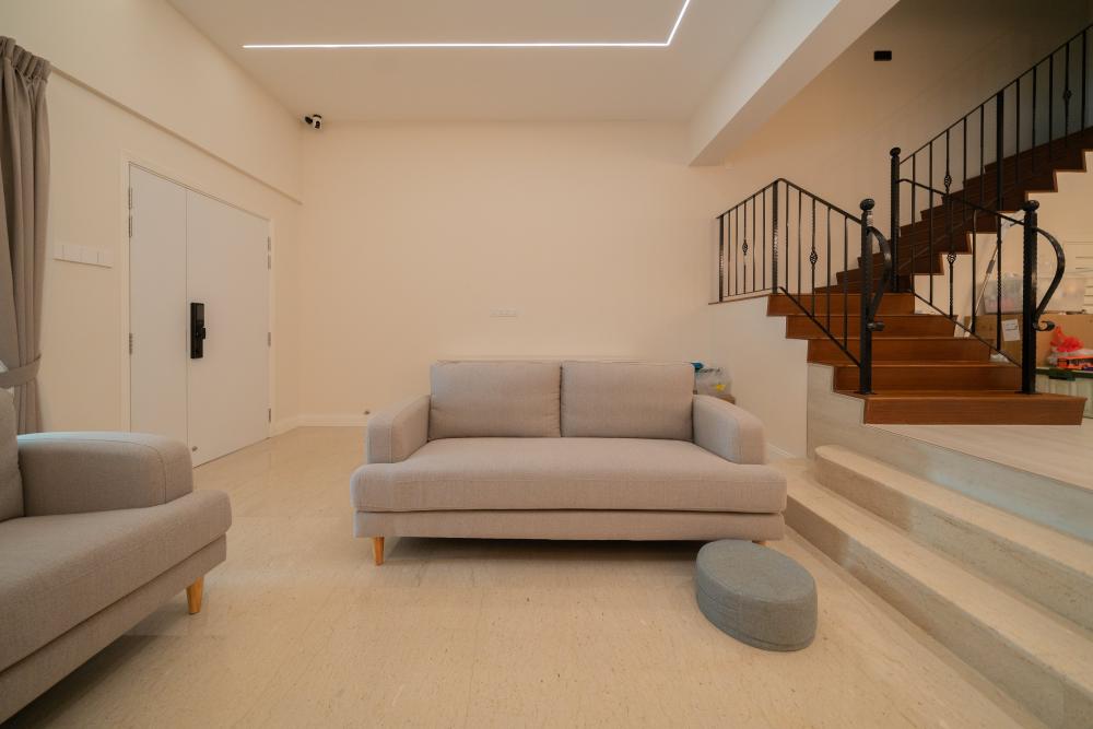 Modern Living Room with Wood Flooring and Ceiling Light