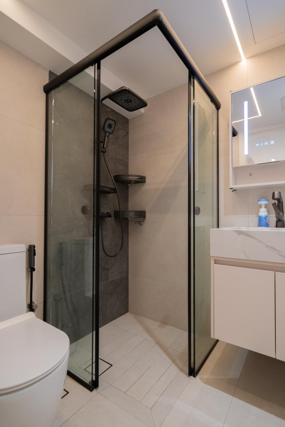 Modern Bathroom with Wood Flooring and Mirror