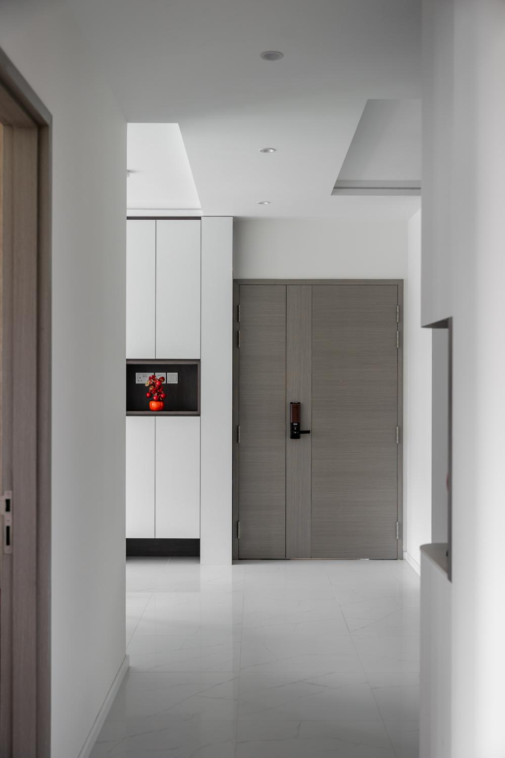 Modern Living Room with Homogeneous Tiles and Drop Ceiling