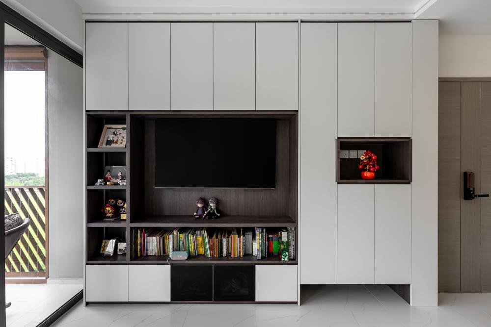 Modern Living Room with Homogeneous Tiles and TV