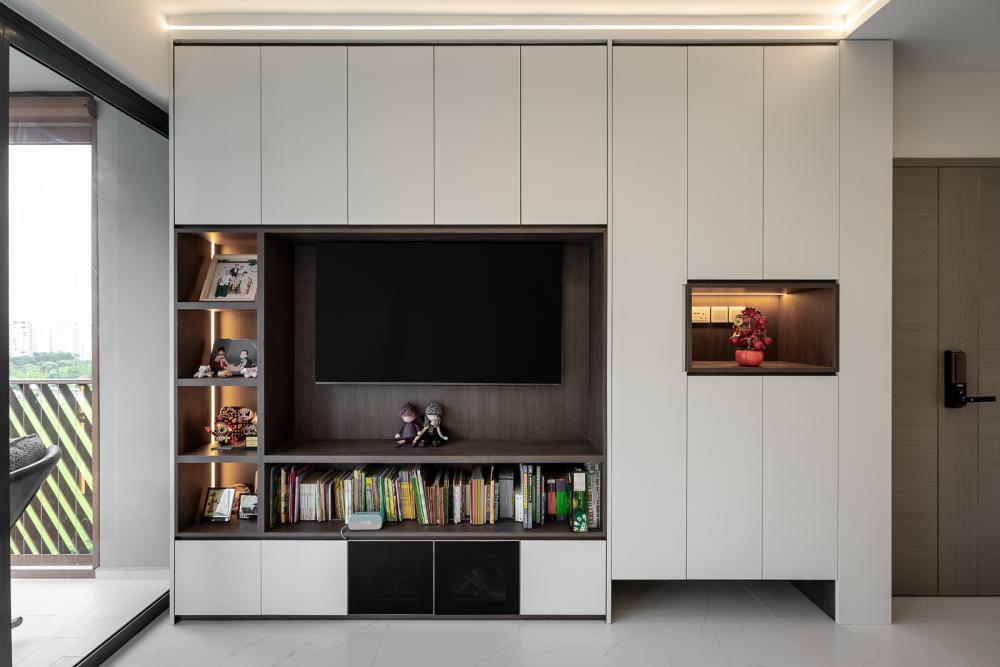 Modern Living Room with Bookshelf and Homogeneous Tiles