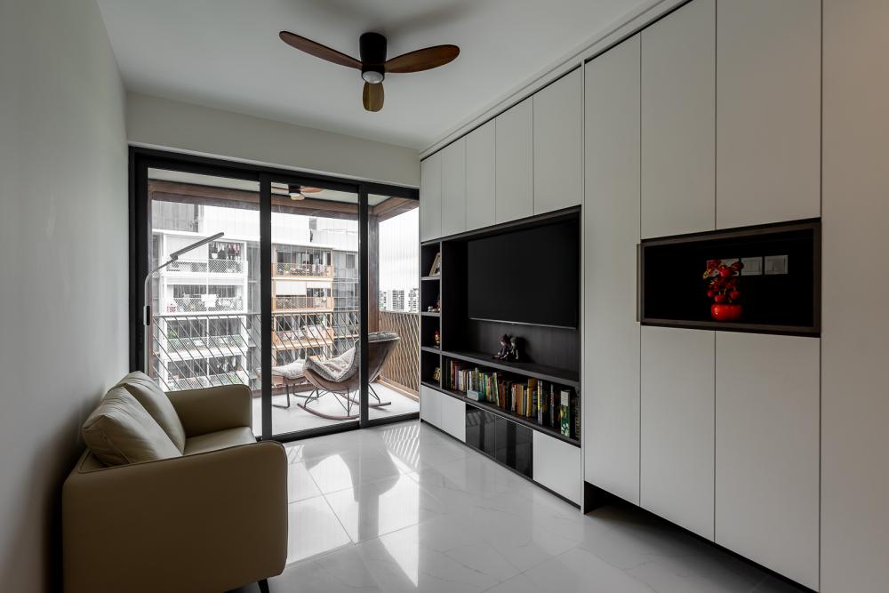 Modern Living Room with Homogeneous Tiles and TV Console