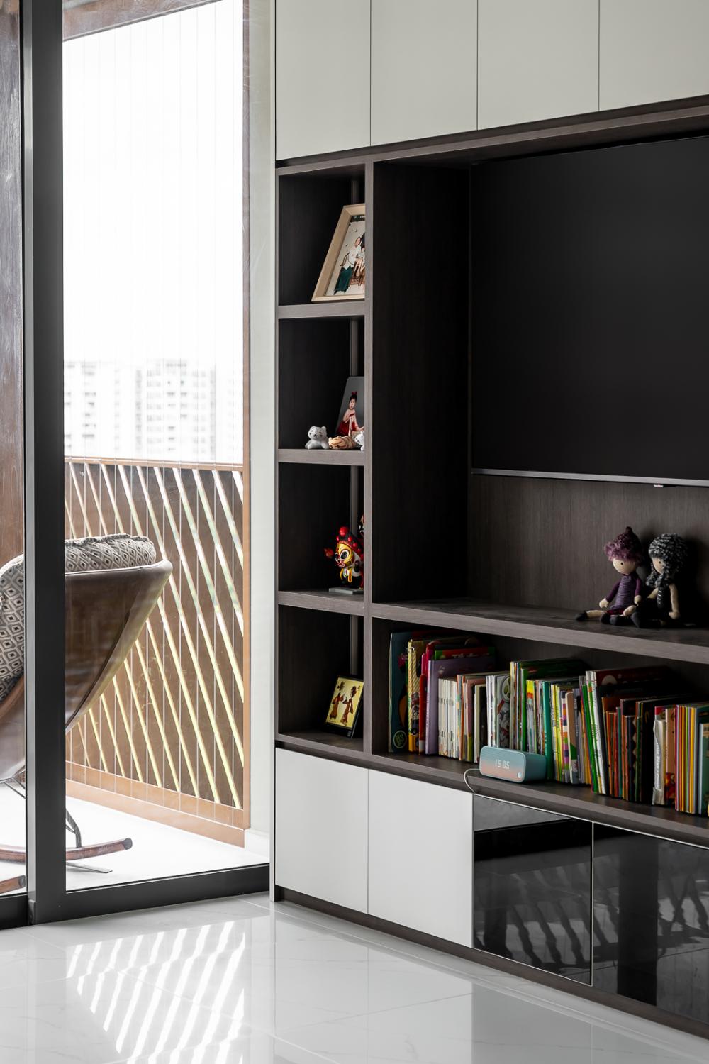 Modern Living Room with Homogeneous Tiles and TV Console