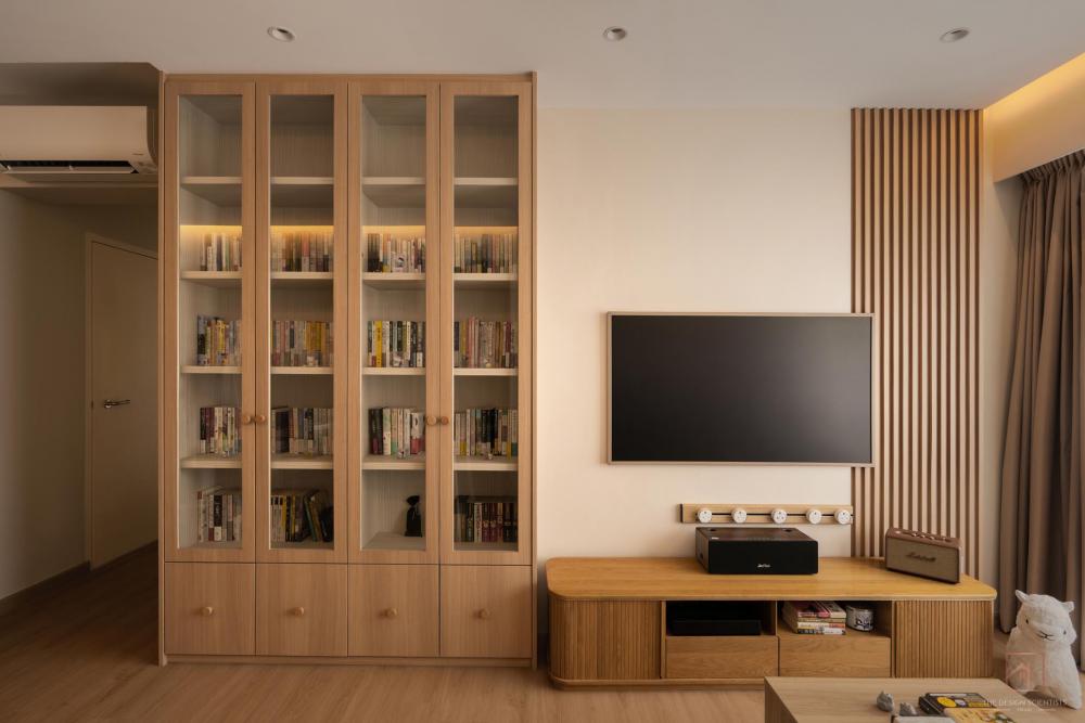 Asian Living Room with Bookshelf and Cove Lighting