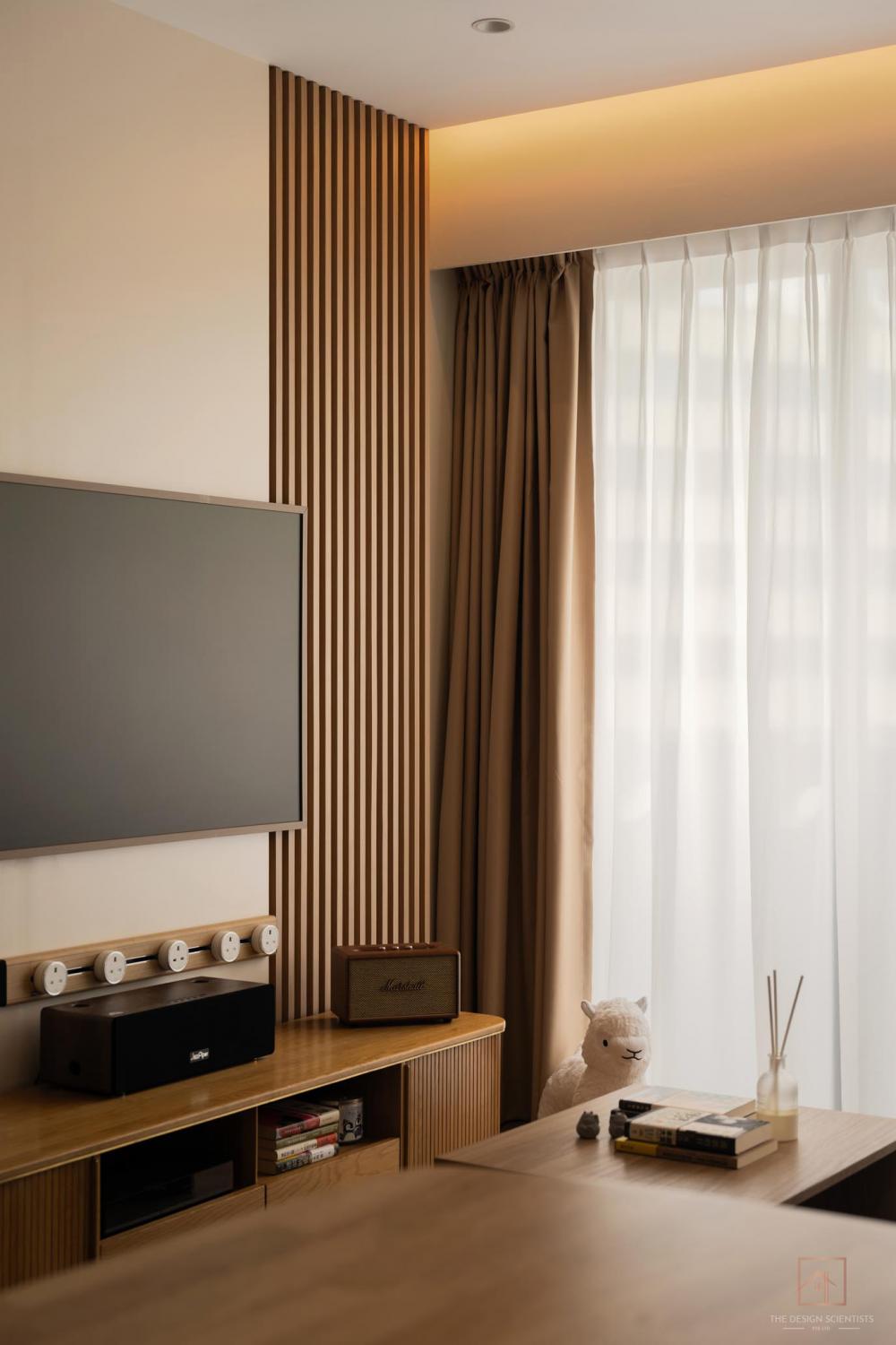 Asian Living Room with TV Console and Feature Wall