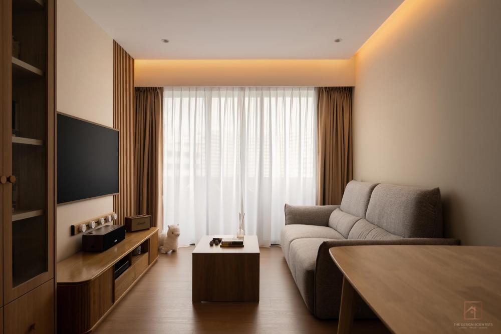 Asian Living Room with Bookshelf and Cove Lighting