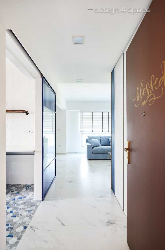 Contemporary Entryway with Mirror and Stools