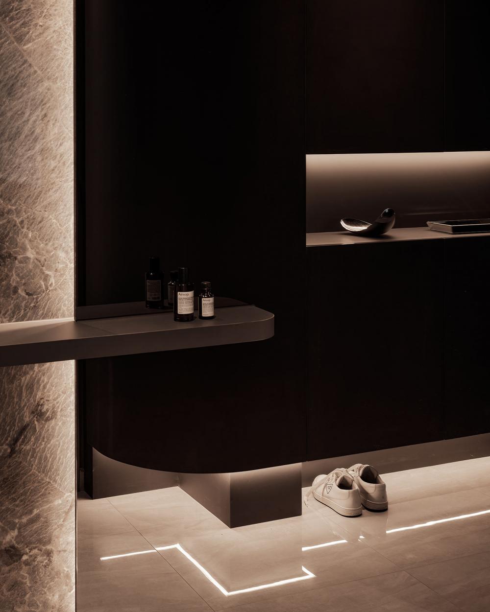 Contemporary Foyer with Feature Wall and Wall Shelves