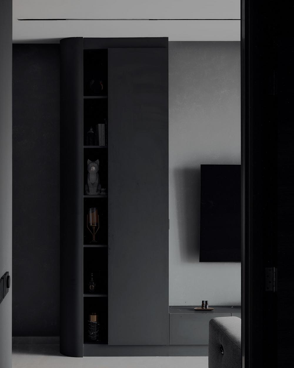 Contemporary Living Room with Homogeneous Tiles and TV Console