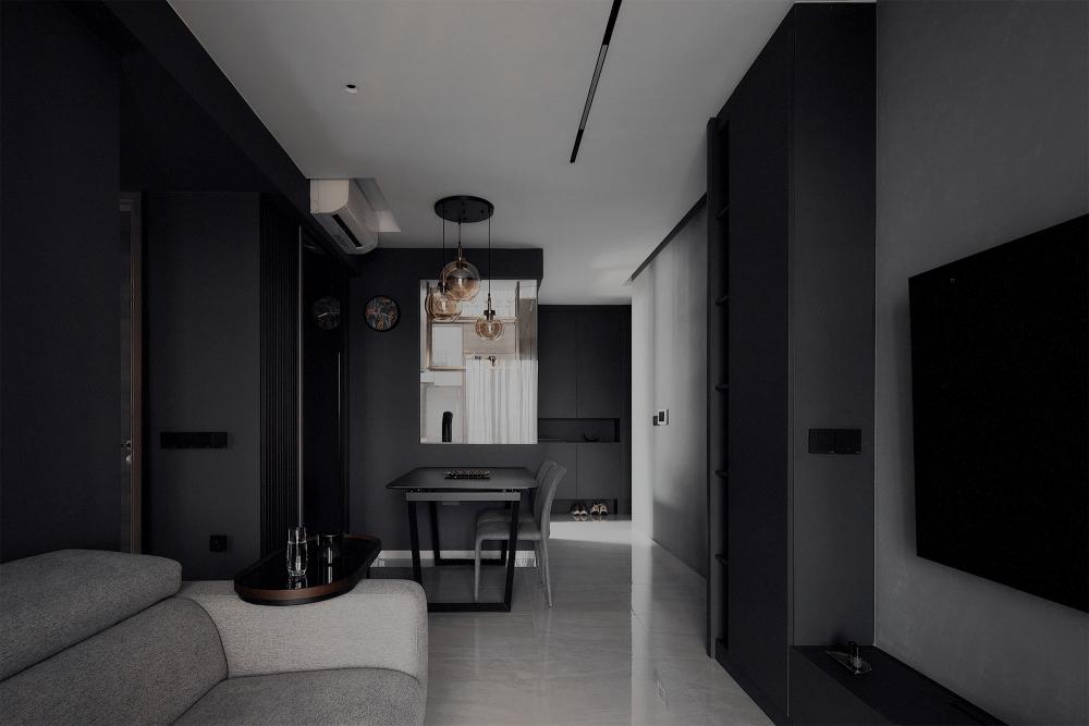 Contemporary Living Room with Homogeneous Tiles and TV Console