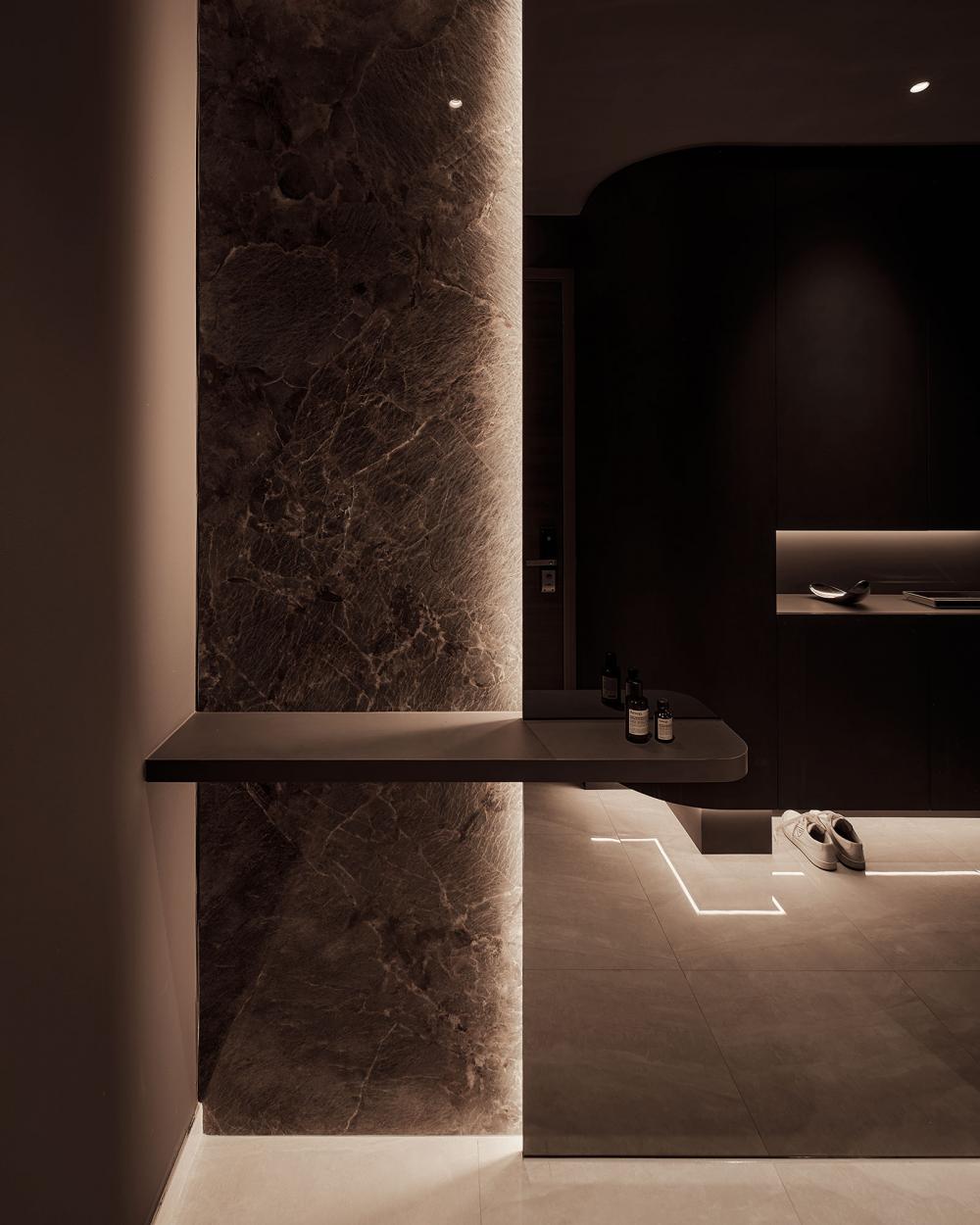 Contemporary Foyer with Feature Wall and Wall Shelves
