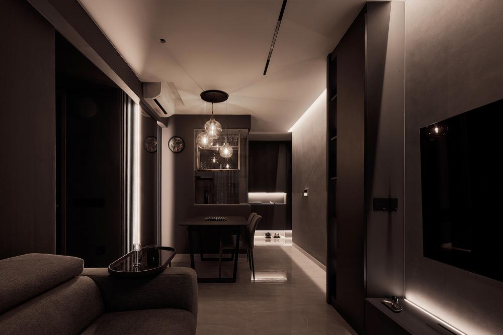 Contemporary Living Room with Homogeneous Tiles and TV Console