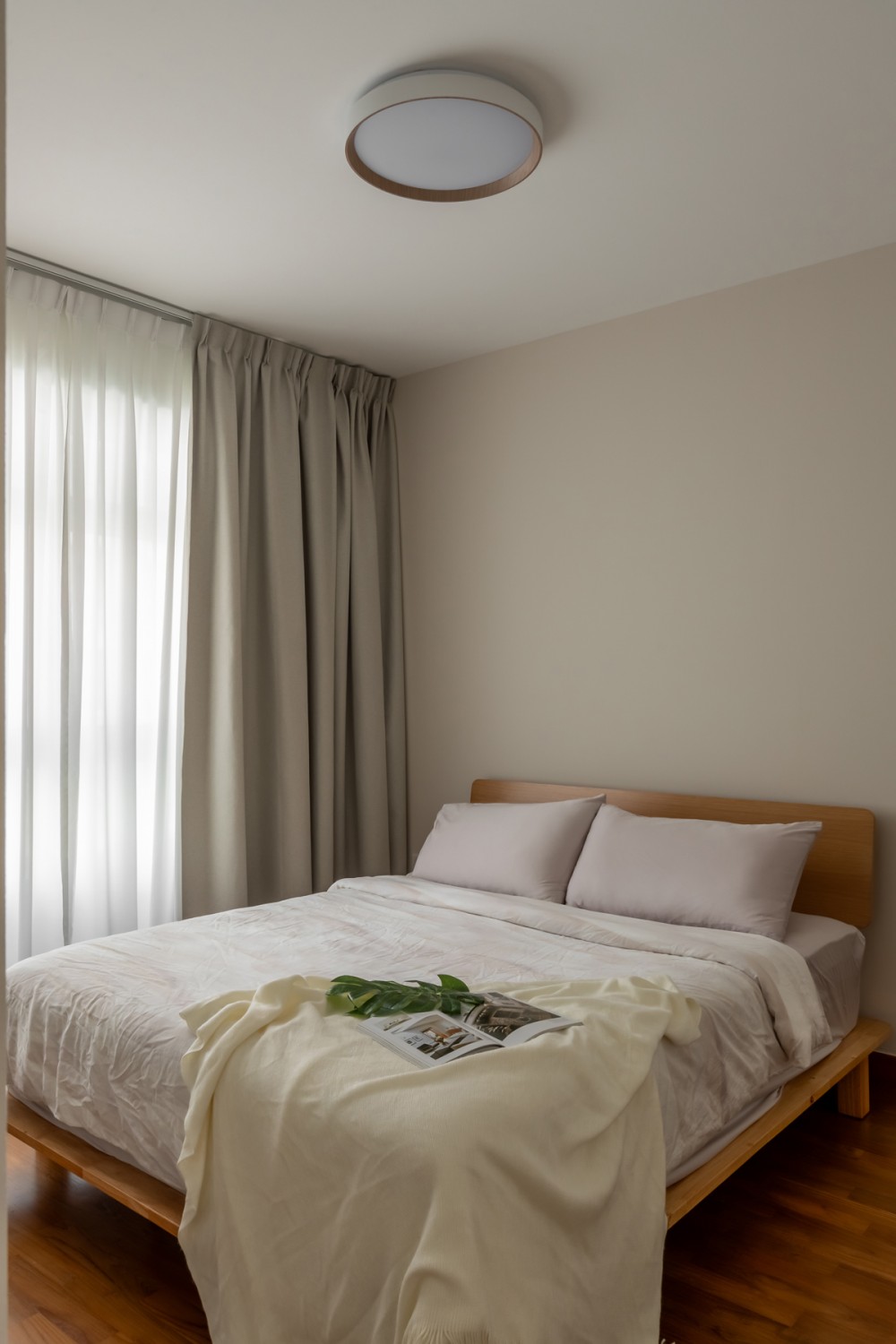 Scandinavian Bedroom with Drop Ceiling and Curtain