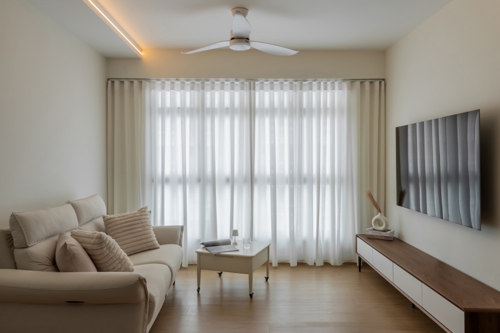 Scandinavian Living Room with TV Console and Drop Ceiling