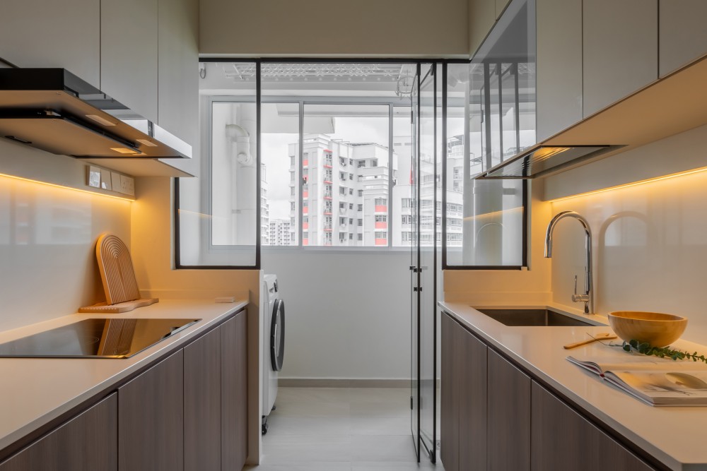 Scandinavian Kitchen with Countertop and Homogeneous Tiles