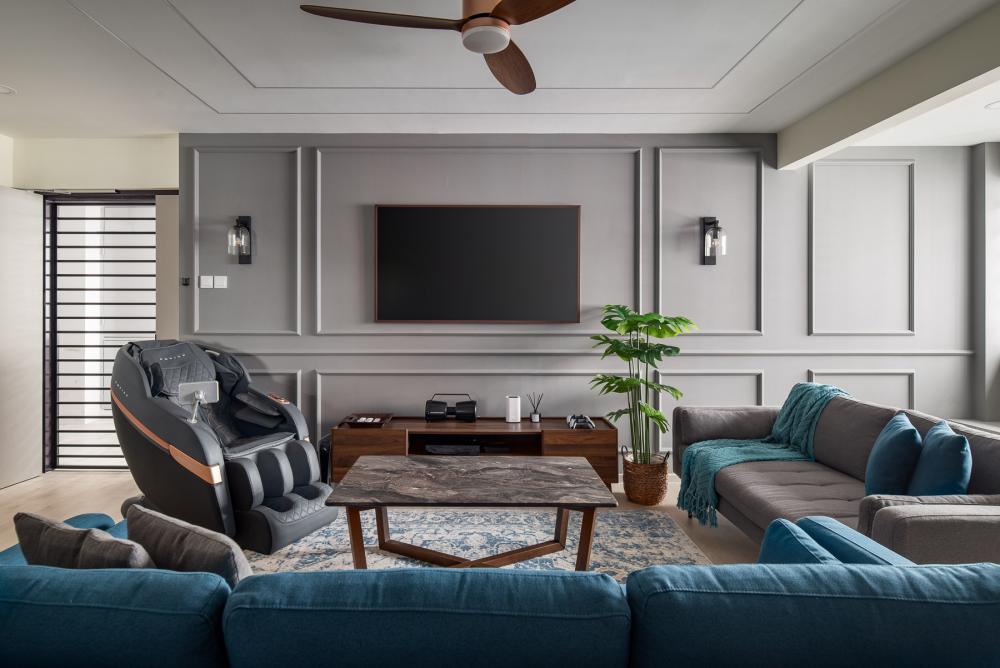 Country Living Room with Vinyl Flooring and Feature Wall