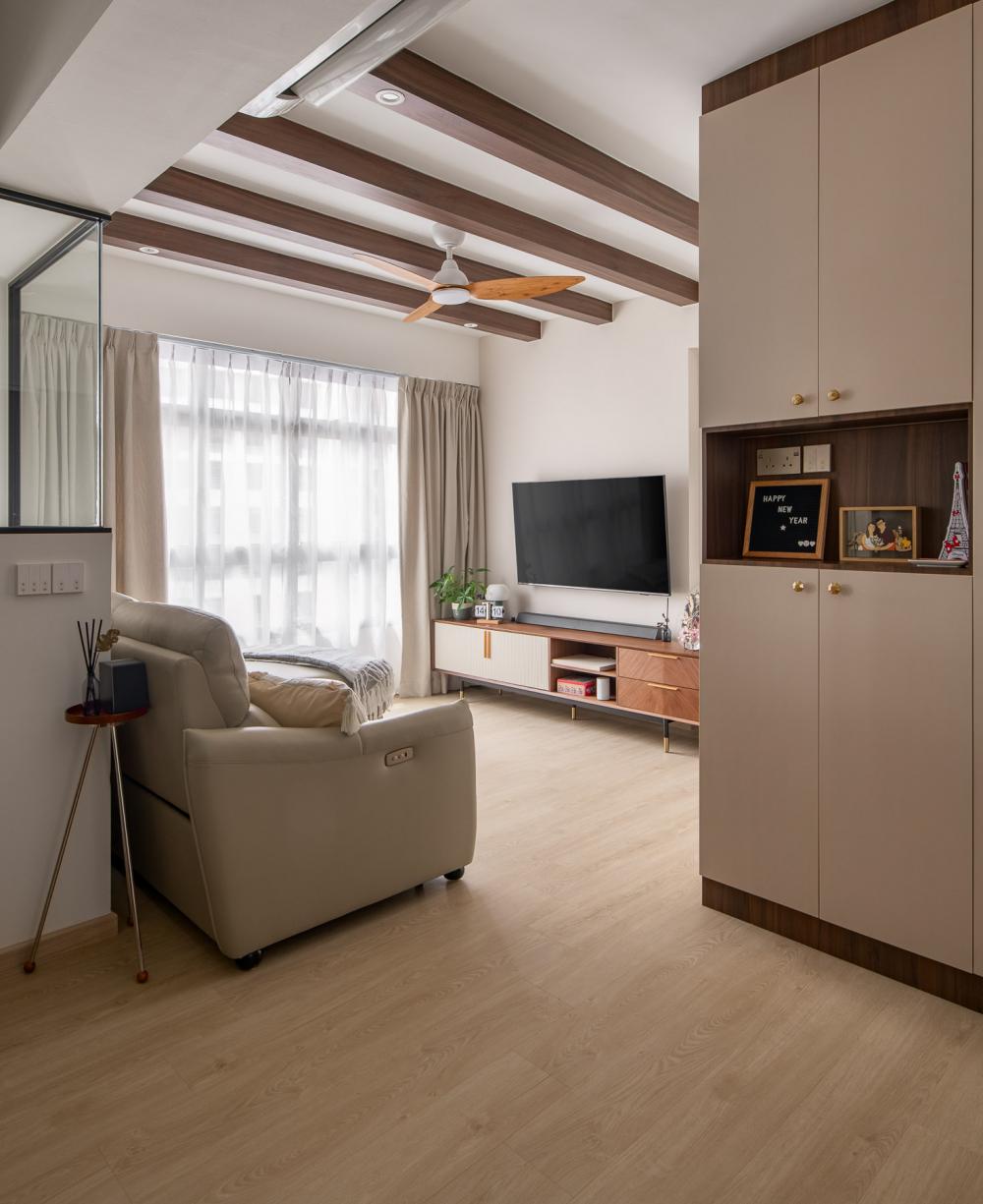 Country Living Room with Bookshelf and Vinyl Flooring