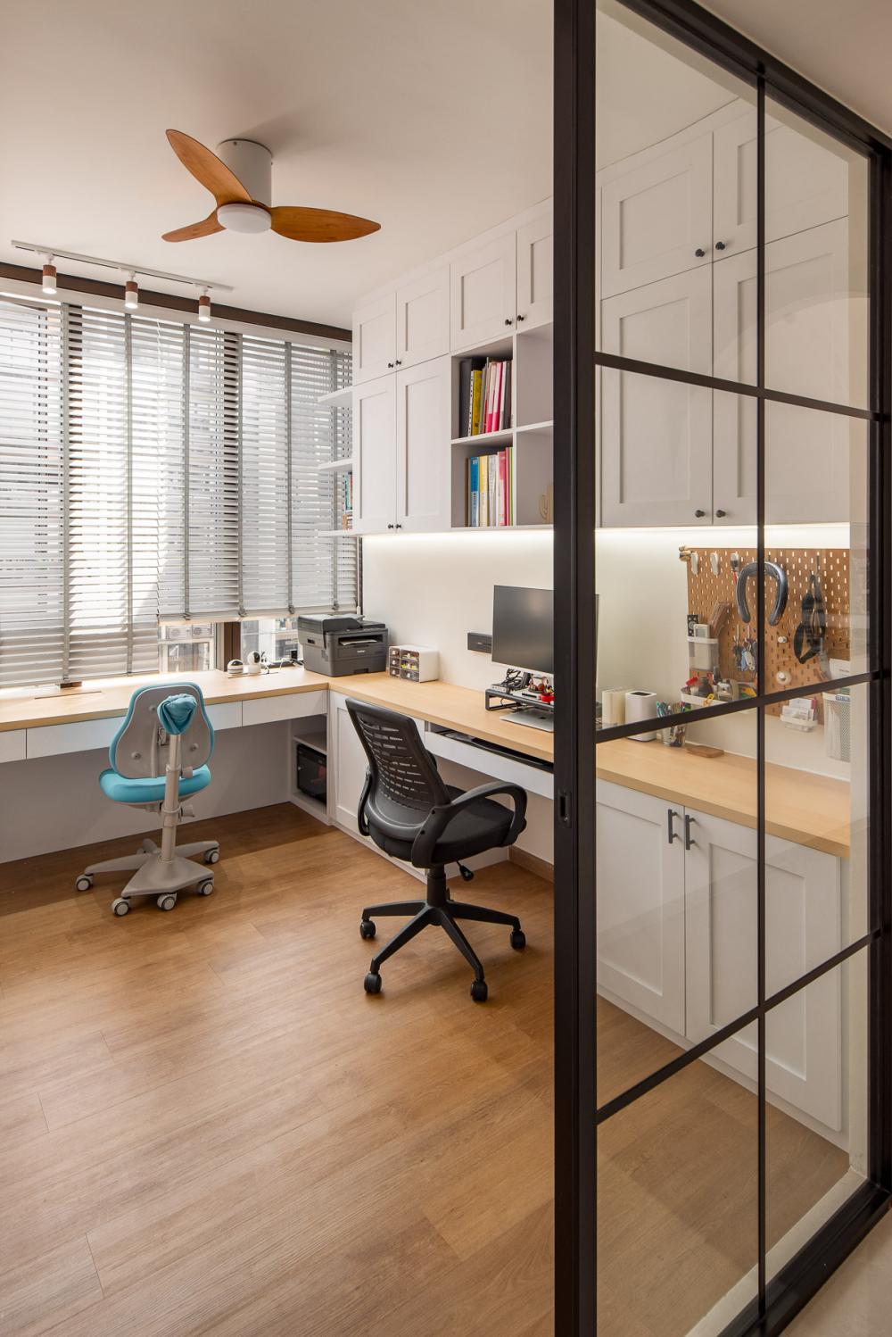 Country Study with Bookshelf and Storage Cabinets