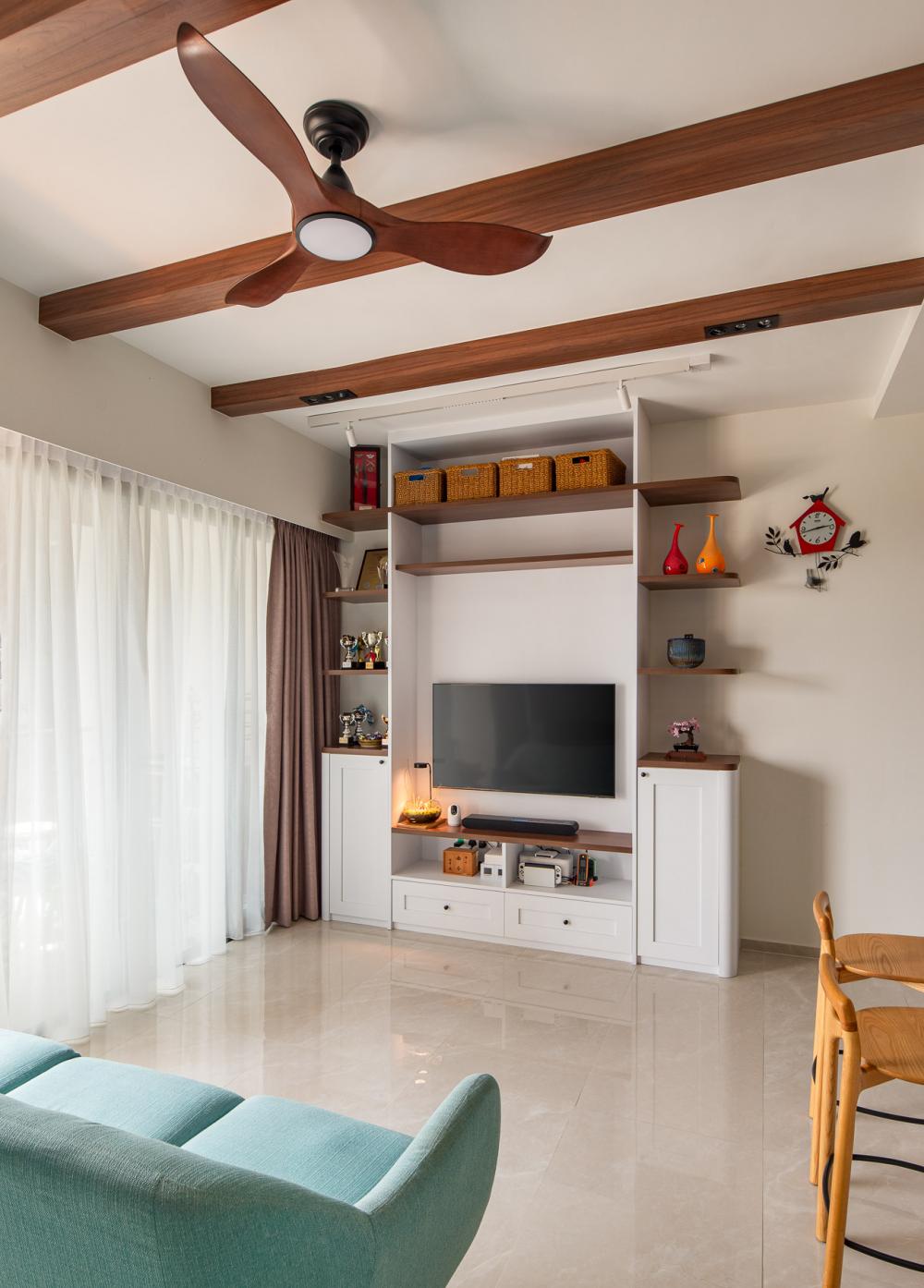 Country Living Room with Homogeneous Tiles and TV Console