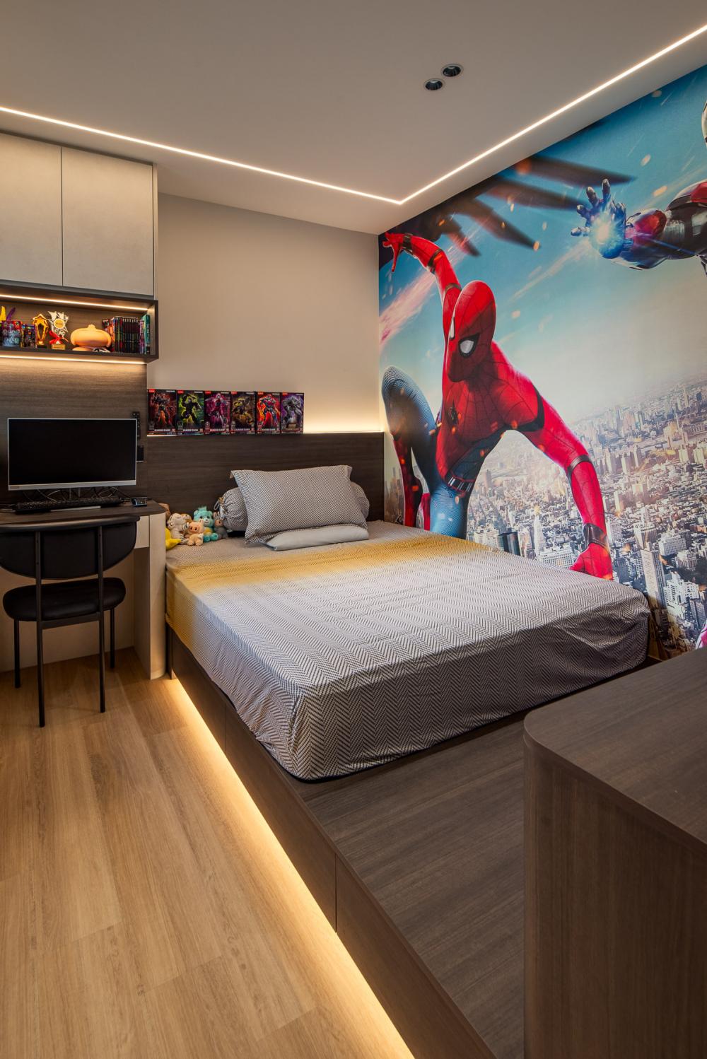 Modern Bedroom with Bookshelf and Platform Bed