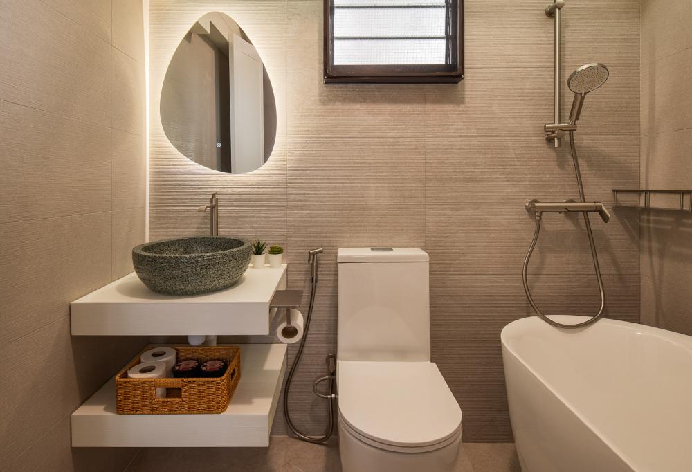Scandinavian Bathroom with Countertop and Homogeneous Tiles