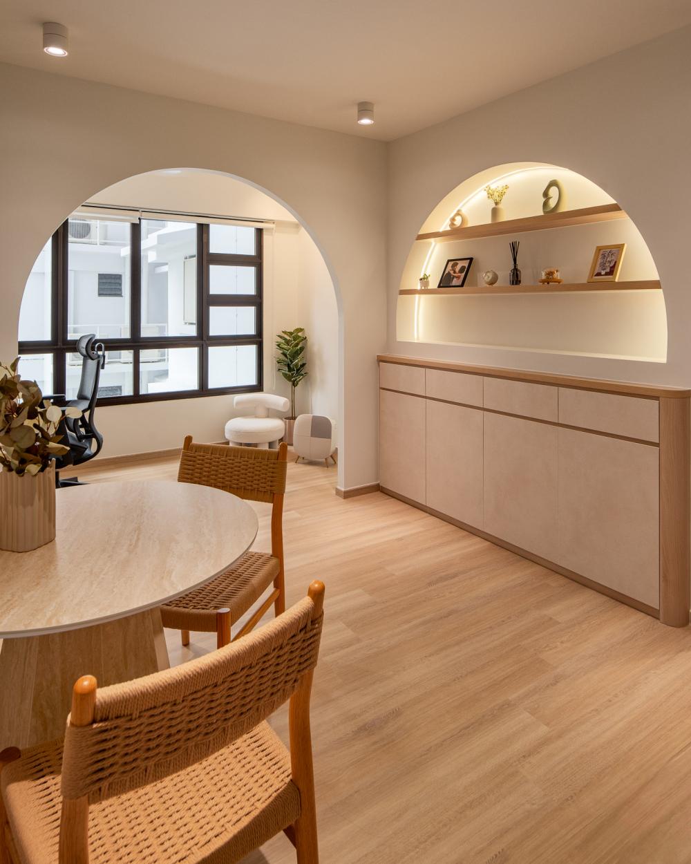 Scandinavian Living Room with Bookshelf and Vinyl Flooring