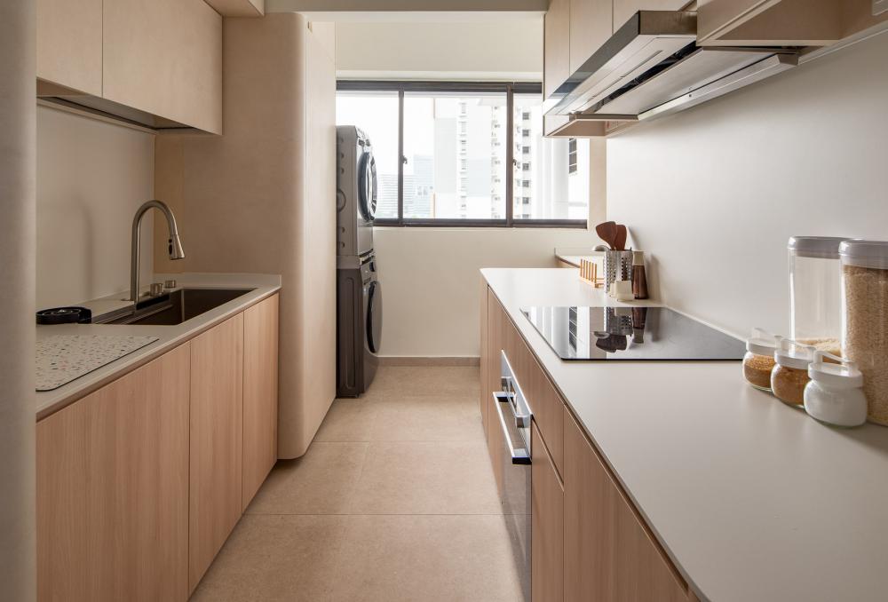 Scandinavian Kitchen with Countertop and Homogeneous Tiles