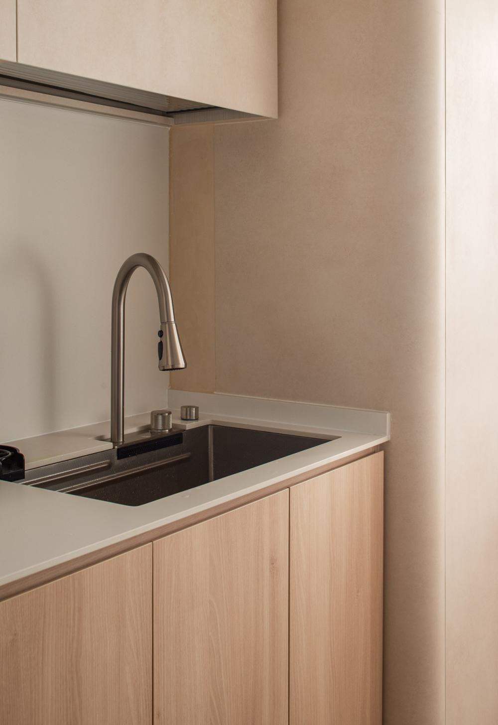 Scandinavian Kitchen with Countertop and Homogeneous Tiles
