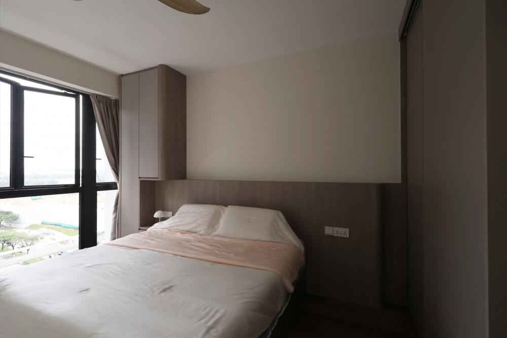 Contemporary Bedroom with Bay Window and Ceiling Light