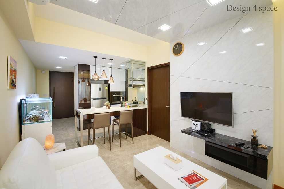 Transitional Living Room with TV Console and Feature Wall