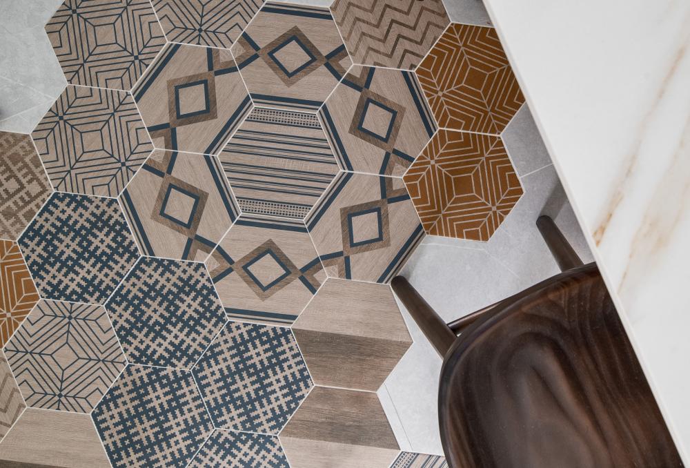 Contemporary Living Room with Homogeneous Tiles and Herringbone Tiling