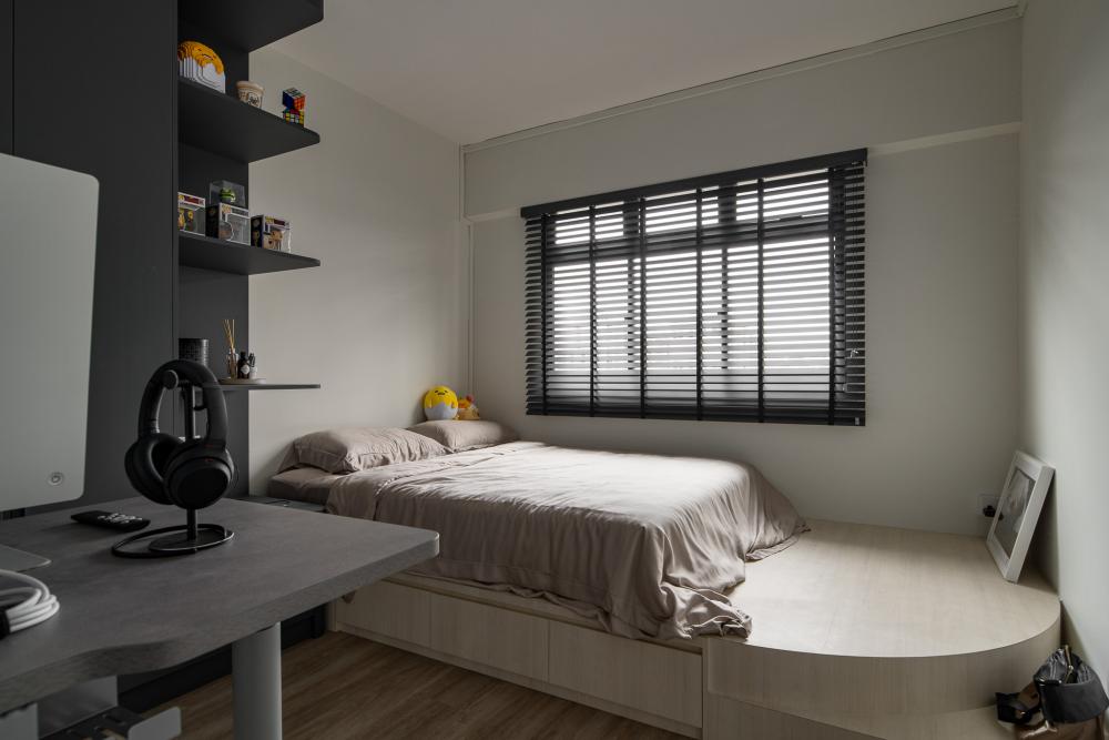 Contemporary Bedroom with Platform Bed and Vinyl Flooring