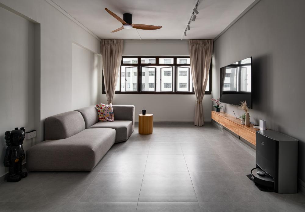 Contemporary Living Room with Homogeneous Tiles and TV Console