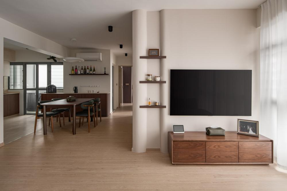 Modern Living Room with Bookshelf and Feature Wall
