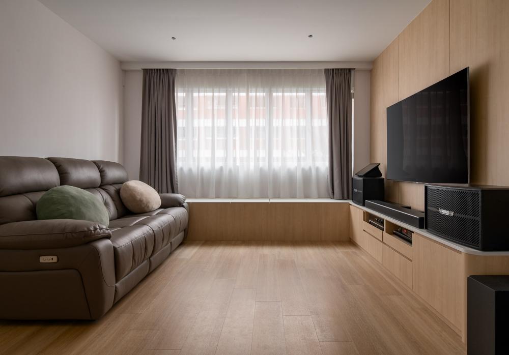 Scandinavian Living Room with TV Console and Feature Wall