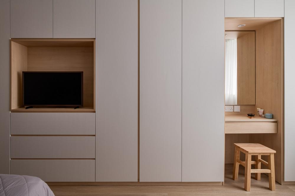 Scandinavian Bedroom with Bookshelf and Wardrobe