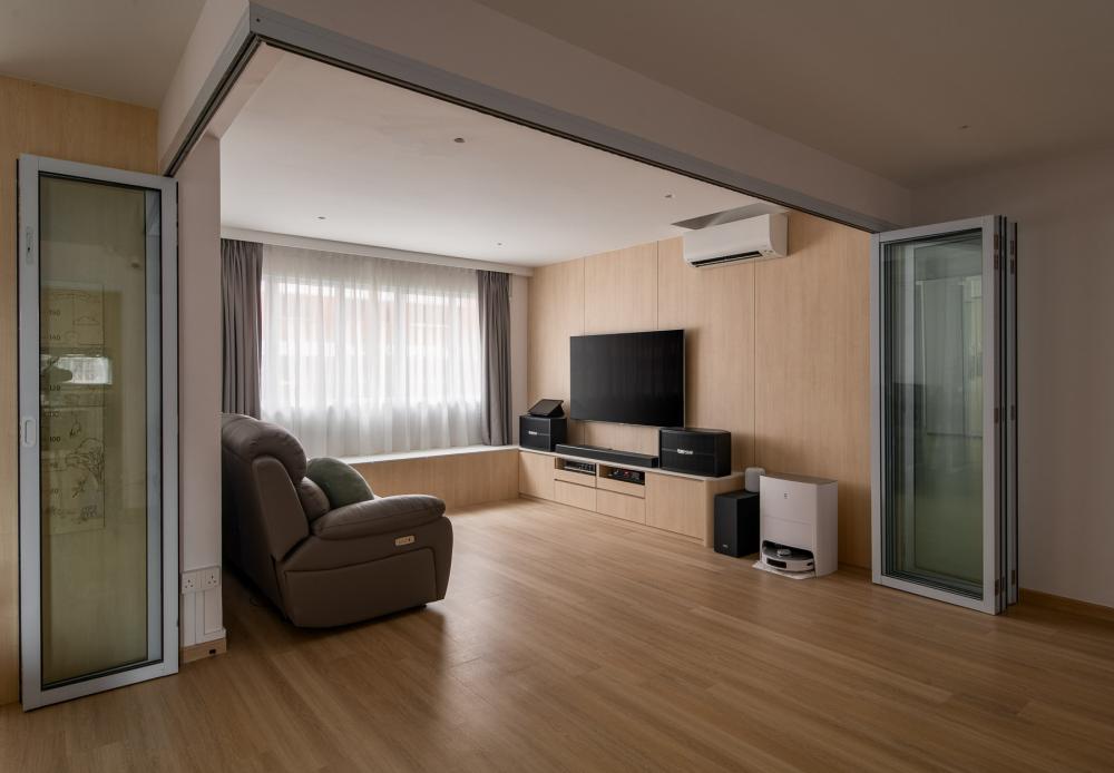 Scandinavian Living Room with Vinyl Flooring and Feature Wall